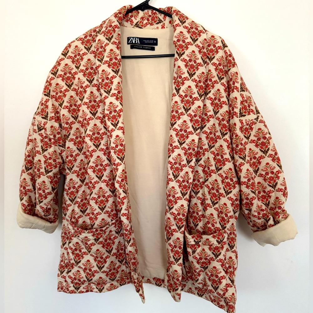 Zara Women’s Open Front Floral Print Italian Fabric Jacket, Size Medium